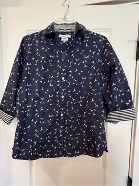 Foxcroft Navy Blue Button-Down Shirt with White Bird Motif